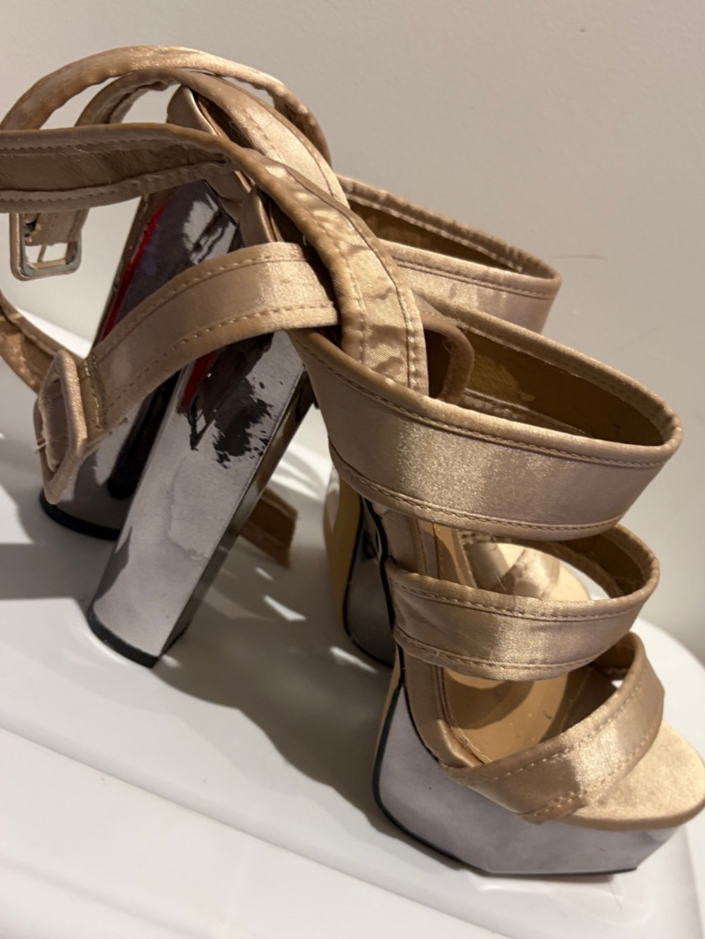 Missguided Champagne Satin Strappy Platform Heels with Silver Block Heel